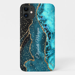 Capa Para iPhone 11 Teal, Preto e Agato Dourado, Estrelas Douradas e N