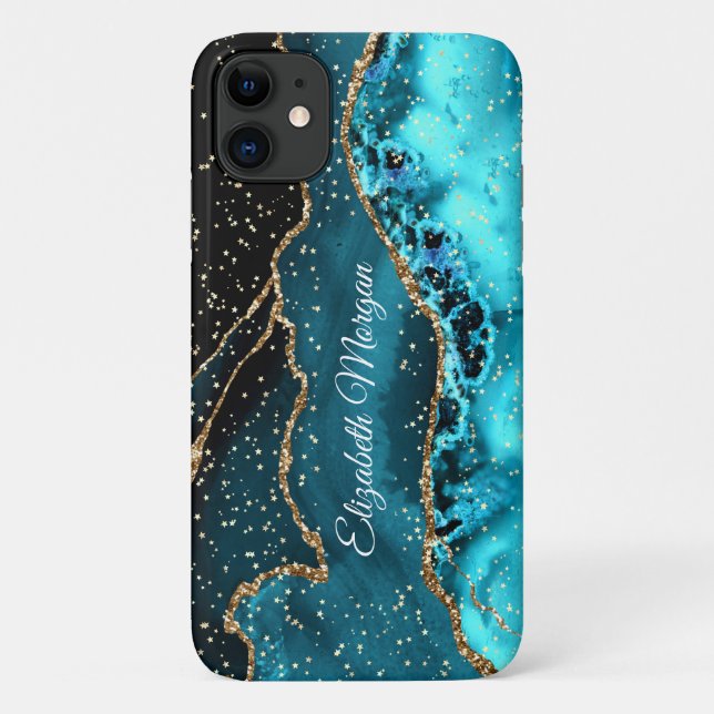 Capa Para iPhone 11 Teal, Preto e Agato Dourado, Estrelas Douradas e N (Verso)