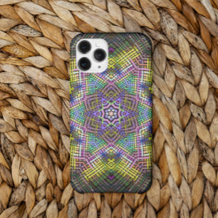 Capa Para iPhone 11 Tecido Amarelo de Mandala, rosa e verde