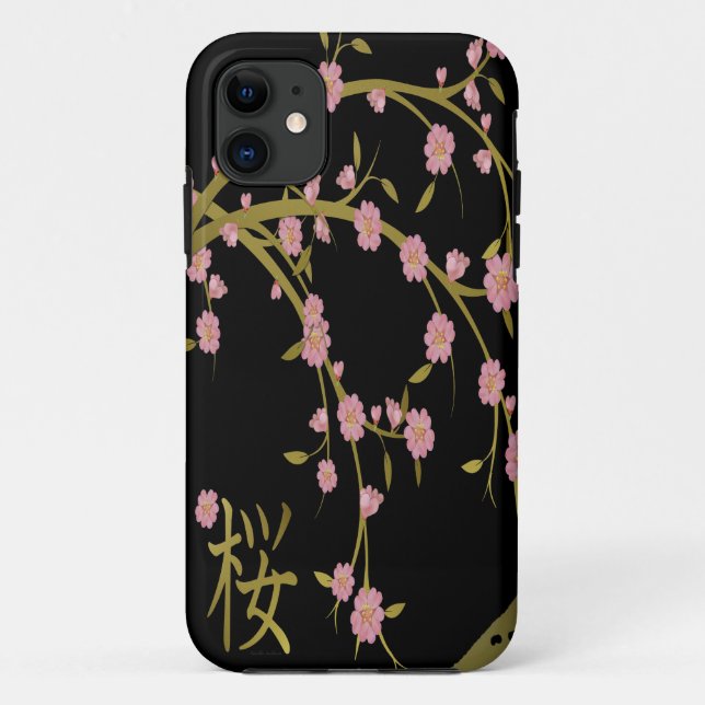 Capa Para iPhone 11 Tela Dourada Black Japonesa Rosa Sakura (Verso)