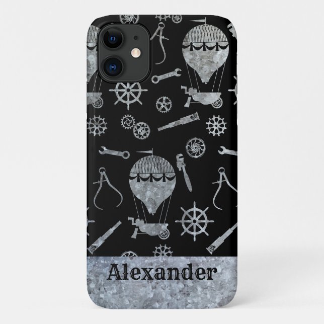 Capa Para iPhone 11 Tema de Balonismo de Zinco Prateado Steampunk Nome (Verso)