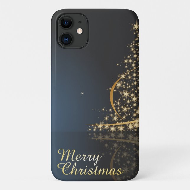 Capa Para iPhone 11 Tema de Natal Azul com Árvore de Natal ouro (Verso)