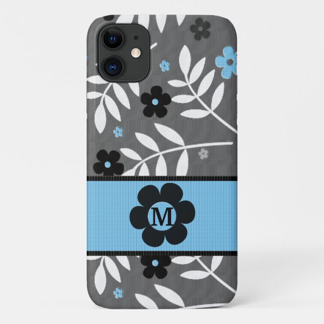 Capa Para iPhone 11 Tema Floral Azul Retroativo Monograma (Verso)