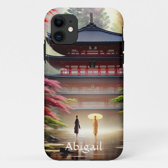 Capa Para iPhone 11 Templo Japonês Personalizado de Aquarela, Verde (Verso)