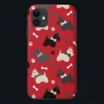 Capa Para iPhone 11 Terrier Paws e Bones Red<br><div class="desc">Cães escoceses,  cinzas e cães escoceses que vestem arcos,  com pegadas e ossos de cães em fundo vermelho.</div>