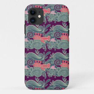 Capa Para iPhone 11 Teste padrão com peixes e a onda roxa