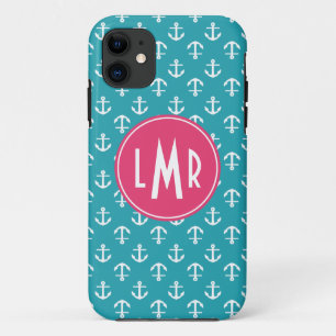 Capa Para iPhone 11 Teste padrão das âncoras do monograma do Aqua e 