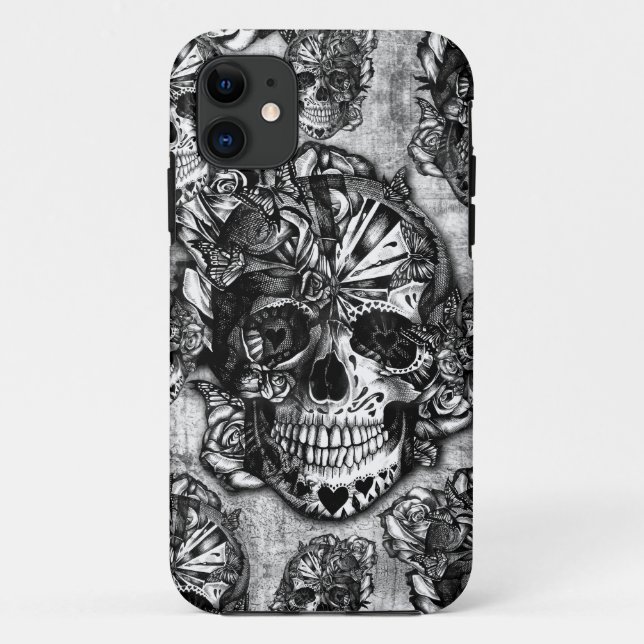 Capa Para iPhone 11 Teste padrão do crânio do açúcar do Grunge (Verso)