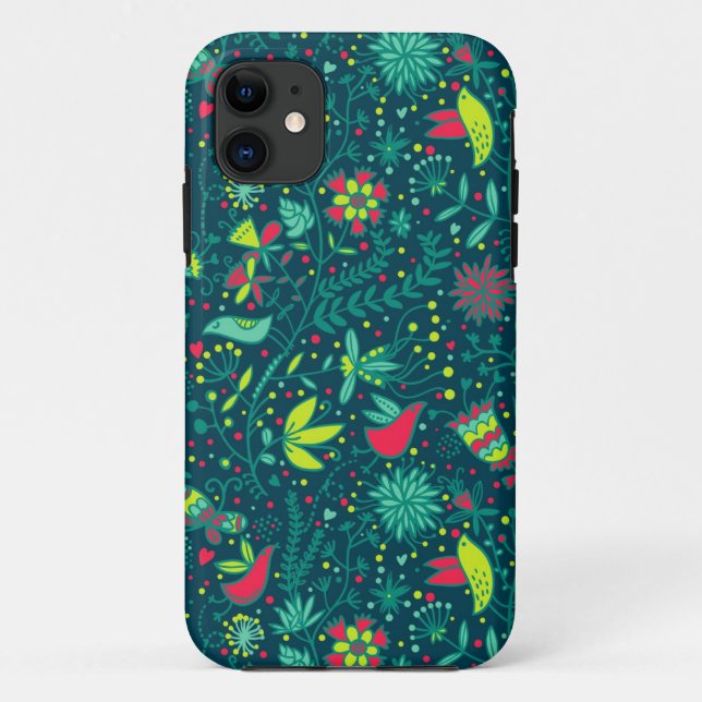 Capa Para iPhone 11 Teste padrão floral com pássaros dos desenhos (Verso)