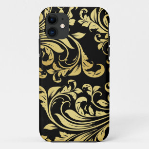Capa Para iPhone 11 Teste padrão floral elegante do damasco preto e