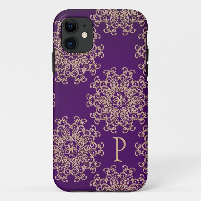 Capa Para iPhone 11 Teste padrão indiano roxo e Dourado Monogrammed (Verso)