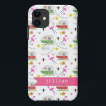 Capa Para iPhone 11 Teste padrão retro do reboque & dos flamingos<br><div class="desc">As características deste produto um teste padrão que incorporasse ilustrações do vintage retro inspiraram reboques de campista,  flamingos cor-de-rosa,  abelhas,  e flores.</div>