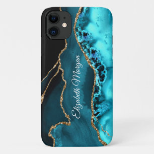 Capa Para iPhone 11 Têxtil Teal, Preto e Ágata Dourada & Nome DIY