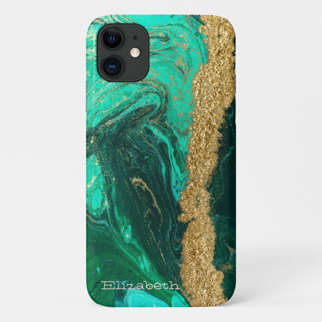 Capa Para iPhone 11 Textura de Pedra Mármore Verde Brilho Dourado (Verso)