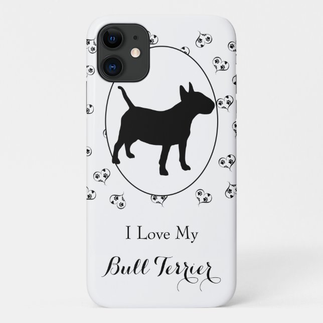 Capa Para iPhone 11 Touro Terrier Silhouette Hearts and Paw Prints (Verso)