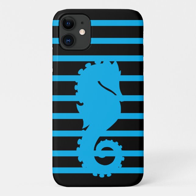 Capa Para iPhone 11 Trendy Legal Azul Cavalo-Marinho Blue Stripe Preto (Verso)