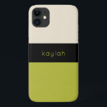 Capa Para iPhone 11 Trendy Pistachio Green Color Block com nome<br><div class="desc">Um design clássico com elementos simples de choque colorido em verde-pistácio-tendencioso,  preto e bege-de-areia neutro tem uma aparência de designer. Personalize o modelo de texto com seu nome,  monograma ou outro texto desejado.</div>