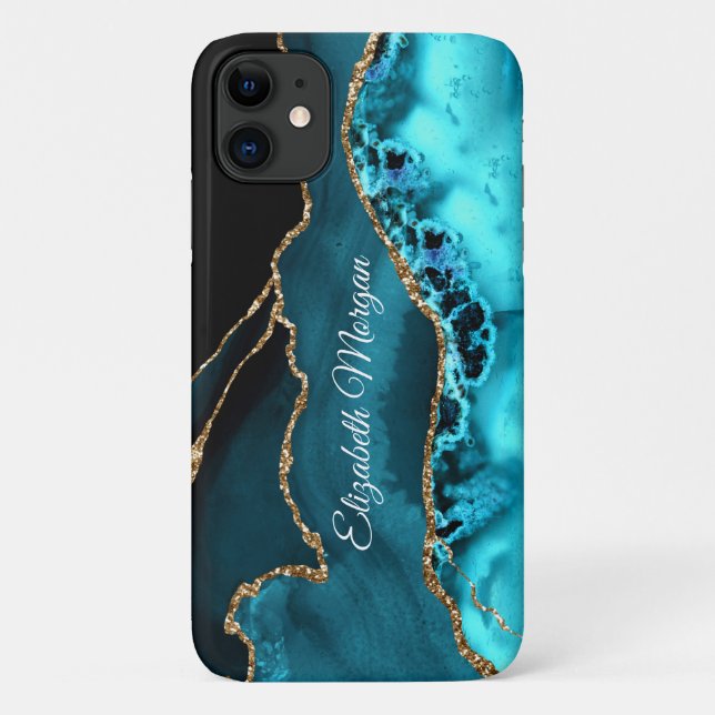 Capa Para iPhone 11 Trendy Teal, Black and Dourado Agate & DIY Name (Verso)
