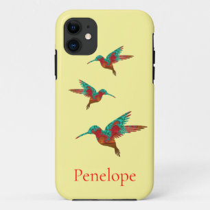 Capa Para iPhone 11 Três beija-flores e vermelhos com nome