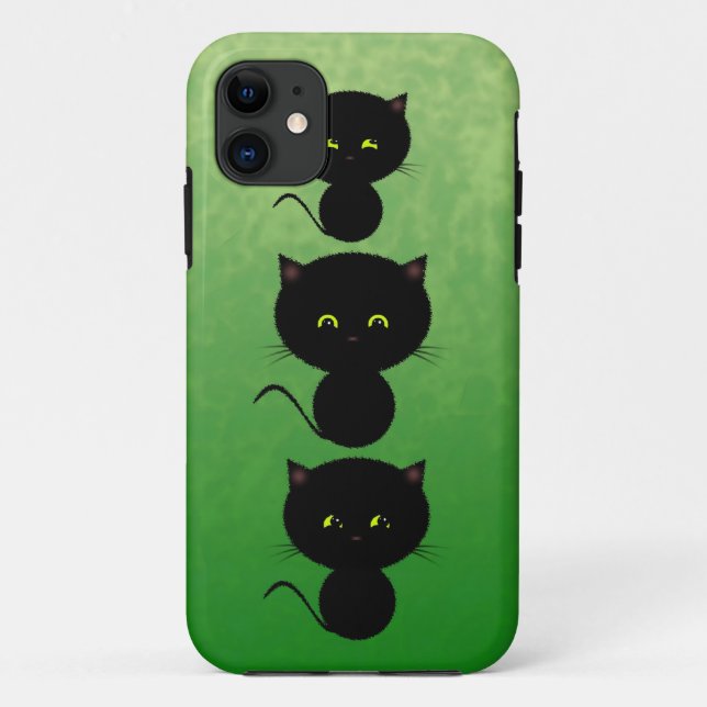 Capa Para iPhone 11 Três Gatos Pretos em Verde (Verso)