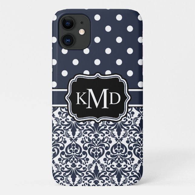 Capa Para iPhone 11 Trio Monogramed Marinho Damask (Verso)