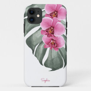 Capa Para iPhone 11 Tropical Floral de Orquídeas Rosa Quente com Seu N