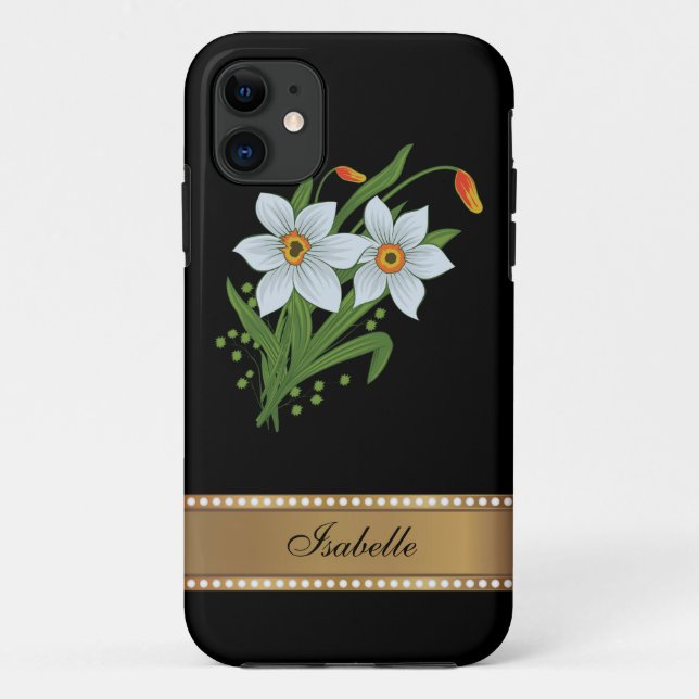 Capa Para iPhone 11 Tulipas e Daffodils Nome Personalizado Dourado (Verso)
