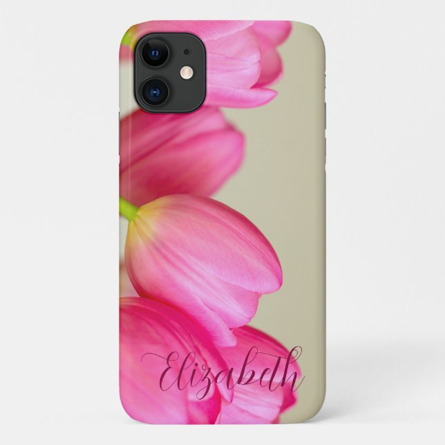 Capa Para iPhone 11 Tulipas Rosa Personalizar (Verso)