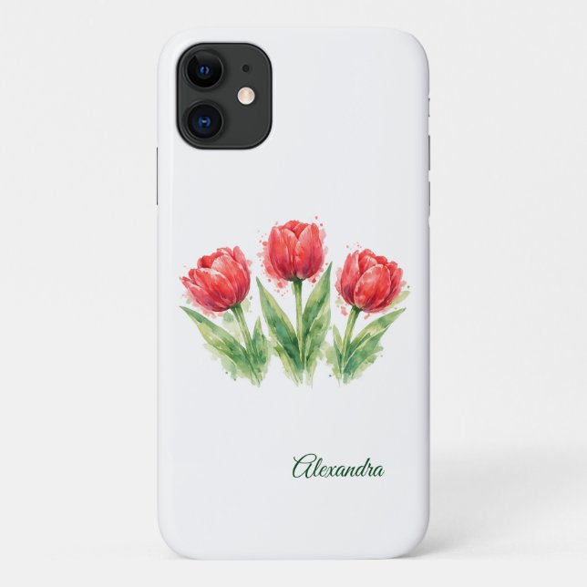 Capa Para iPhone 11 Tulipas Vermelhas Aquarela Personalizadas (Verso)