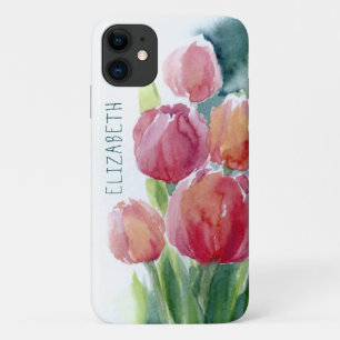 Capa Para iPhone 11 Tulipas vermelhas primavera de aquarela 
