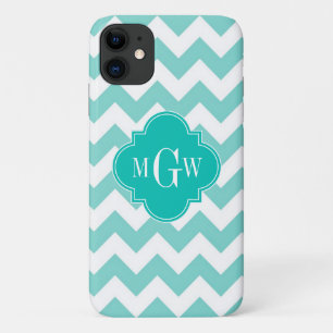 Capa Para iPhone 11 Turq/Aqua Wht Chevron Teal 3 Monograma Inicial