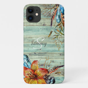 Capa Para iPhone 11 Turquesa de Madeira Rústica Ocidental Monograma Fl