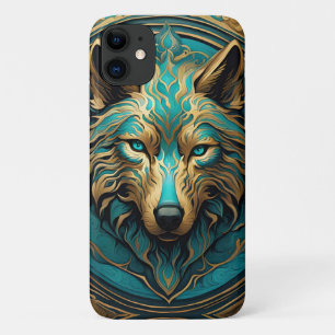 Capa Para iPhone 11 Turquesa e Lobo Dourado