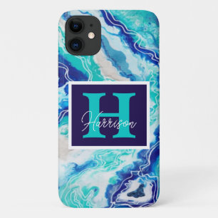 Capa Para iPhone 11 Turquesa e Monograma Azul Marble Nome Beachê