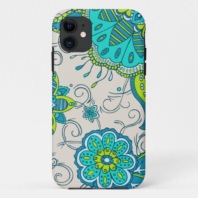 Capa Para iPhone 11 Turquesa & limão florais (Verso)