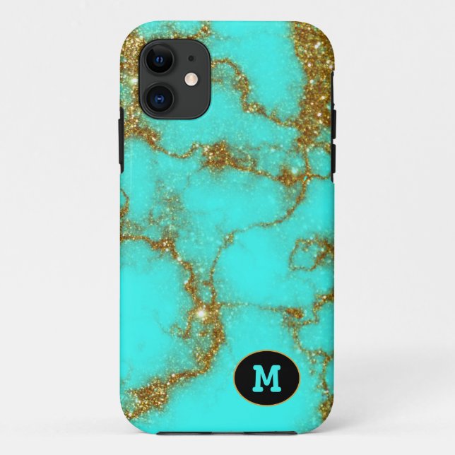Capa Para iPhone 11 Turquesa Moderna e Cristal de Pedra Personalizado  (Verso)