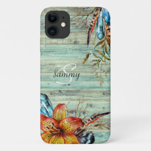 Capa Para iPhone 11 Turquesa Ocidental Rústica Madeira Boho Monograma 