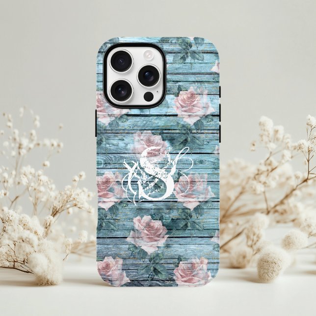 Capa Para iPhone 11 Turquesa Rosa Floral Monograma Shabby Chic (Criador carregado)