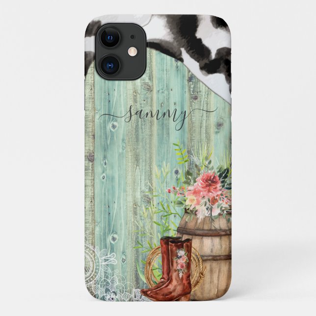 Capa Para iPhone 11 Turquesa Rústica Ocidental de Couro de Vaca (Verso)