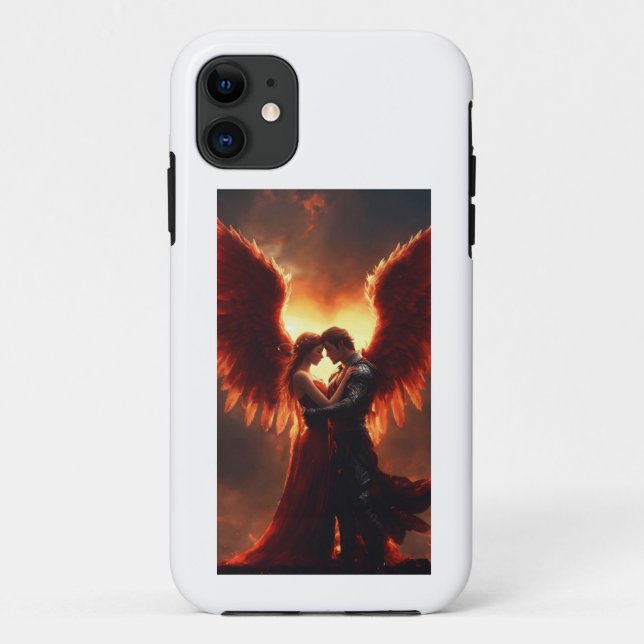Capa Para iPhone 11 um anjo voando abraçando um demônio voando (Verso)