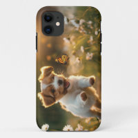 Um cachorrinho bonito perseguindo uma borboleta