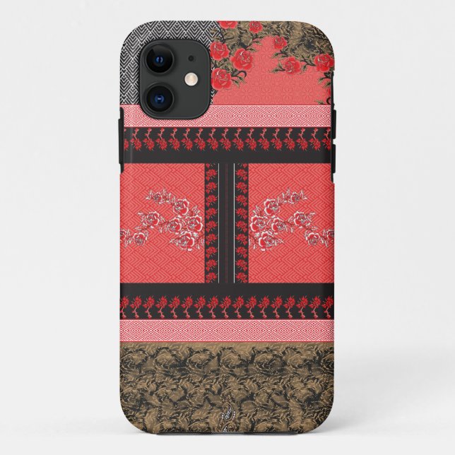 Capa Para iPhone 11 um design de papel de parede vermelho e preto (Verso)