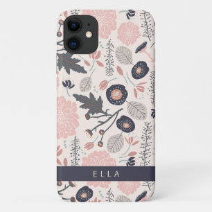 Capa Para iPhone 11 Um nome cor-de-rosa de Cinza de Padrão Floral Toca