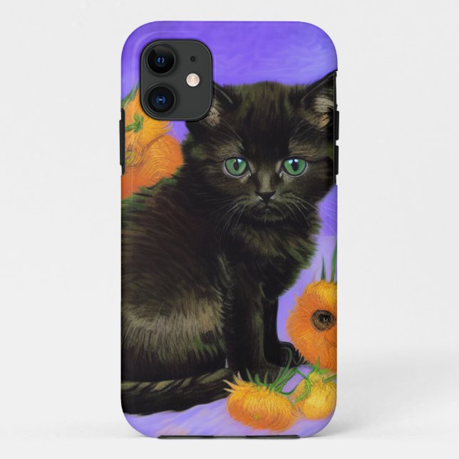 Capa Para iPhone 11 Van Gogh Black Kitten com Girassóis (Verso)