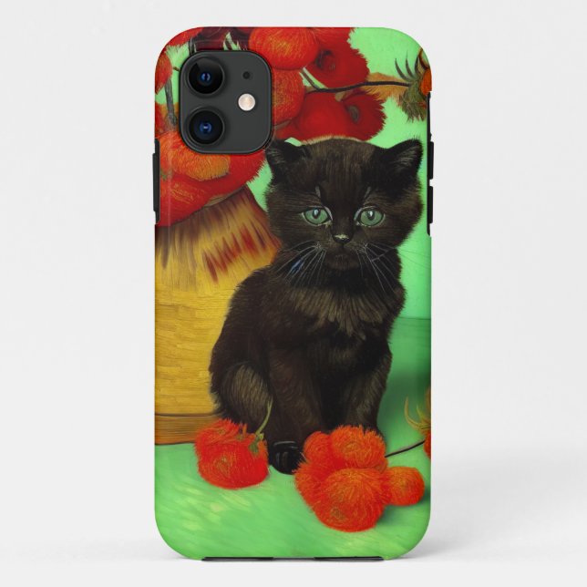 Capa Para iPhone 11 Van Gogh Black Kitten Red Flowers (Verso)