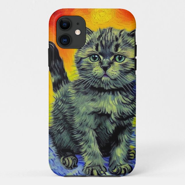 Capa Para iPhone 11 Van Gogh Style Cat Sunset Beach (Verso)