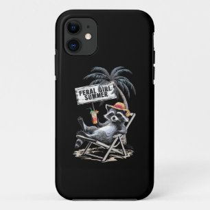 Capa Para iPhone 11 Verão de Menina Selvagem na Praia, Guaxinim Divert