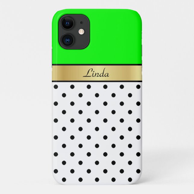 Capa Para iPhone 11 Verde limão Brilhante e Negrito, Dourado, Pontos P (Verso)
