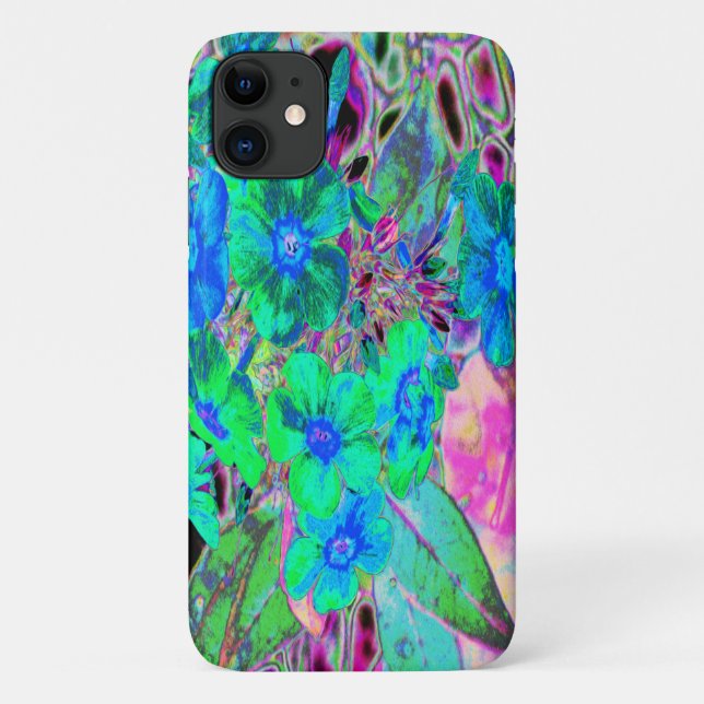 Capa Para iPhone 11 Verde limão Psicodélico Trippy e flores azuis (Verso)
