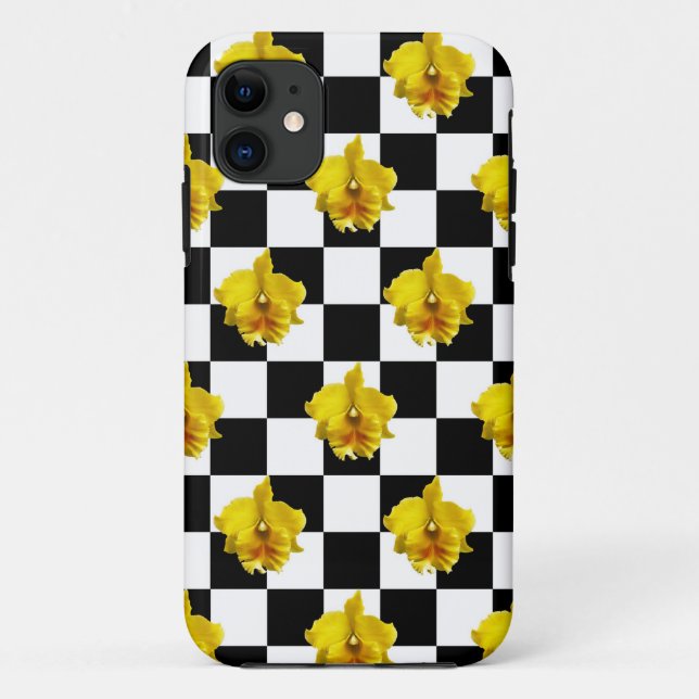 Capa Para iPhone 11 Verificações preto e branco com orquídea amarela (Verso)